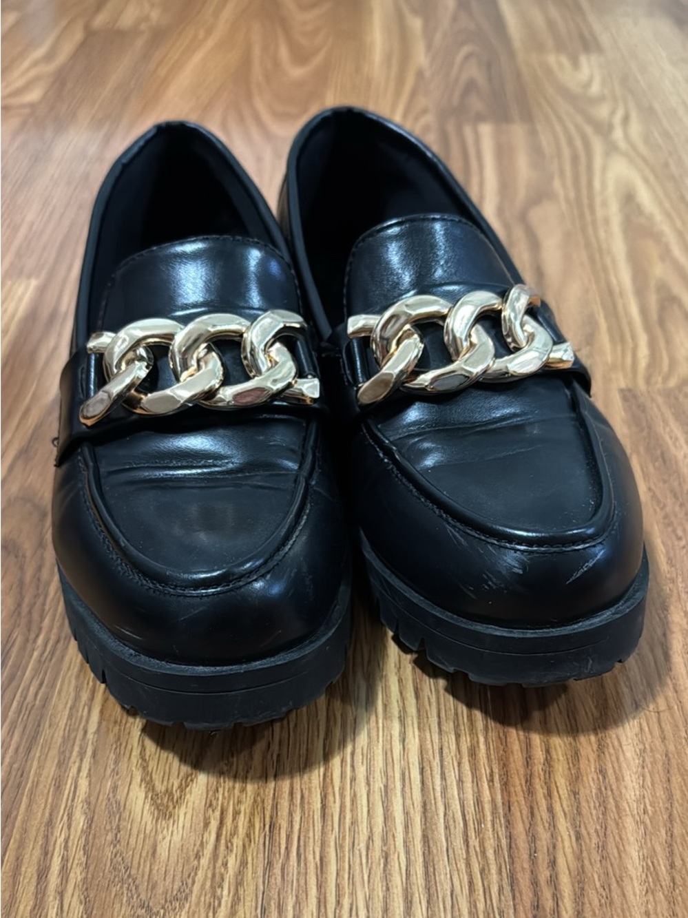Black Leather Chain-Accent Loafers - Picture 3 of 3